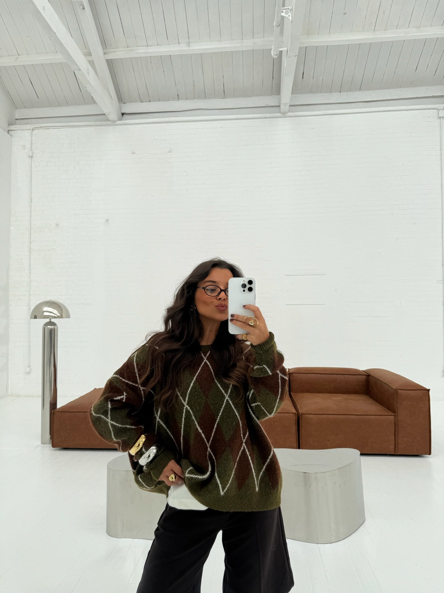 Green Diamond-Pattern Knit Sweater - Shipping from 8/12 to 12/12