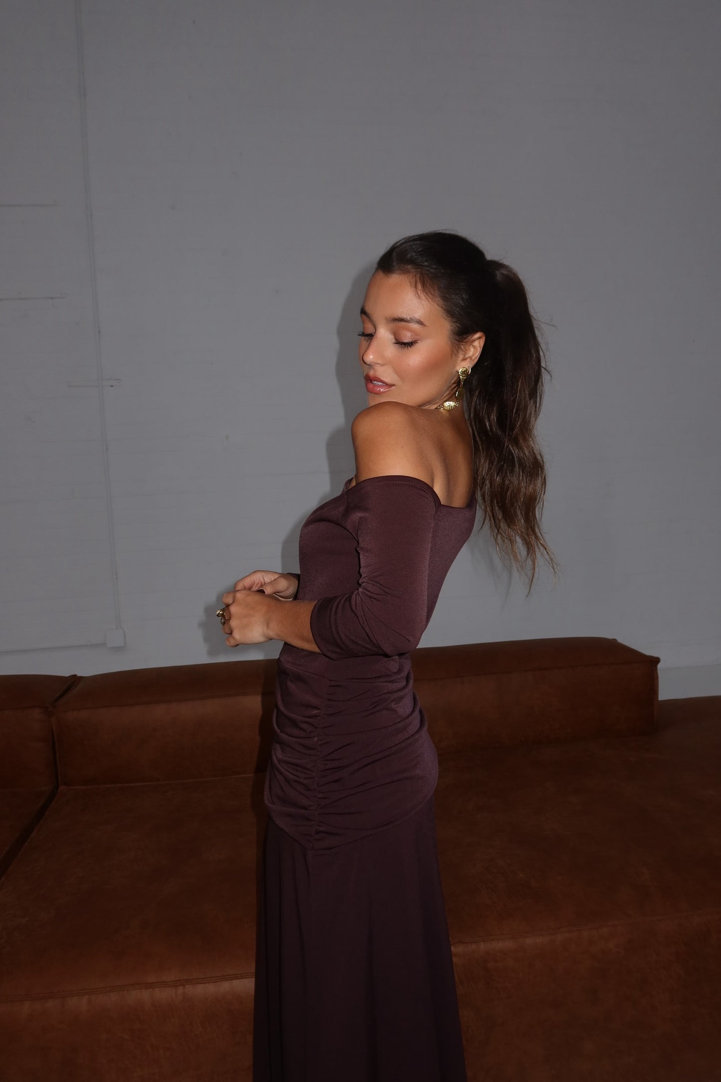 Maya Long Midi Dress in Chocolate Brown