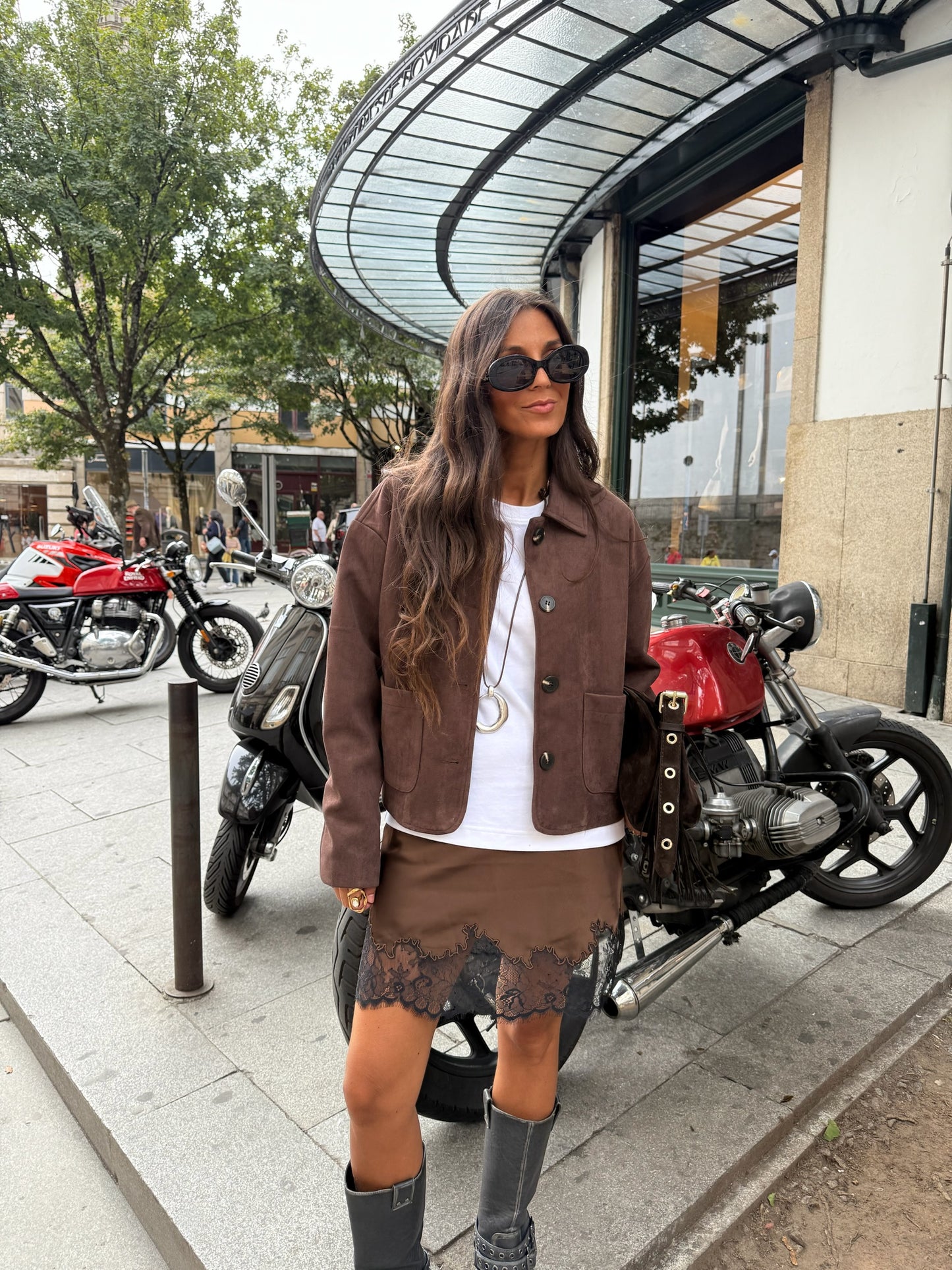 Brown Satin Skirt with Black Lace