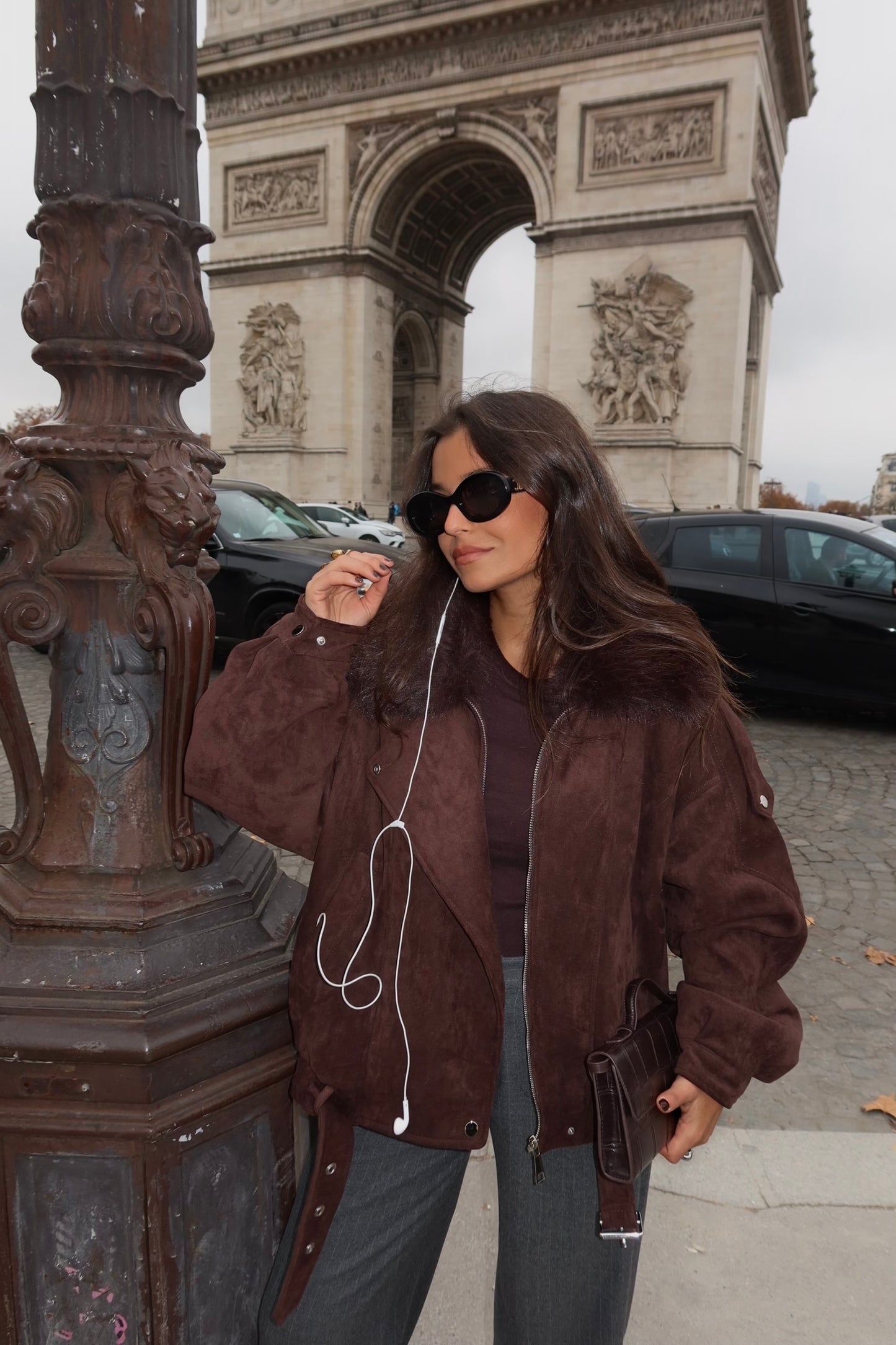 Inès Jacket With Fur Collar in Brown