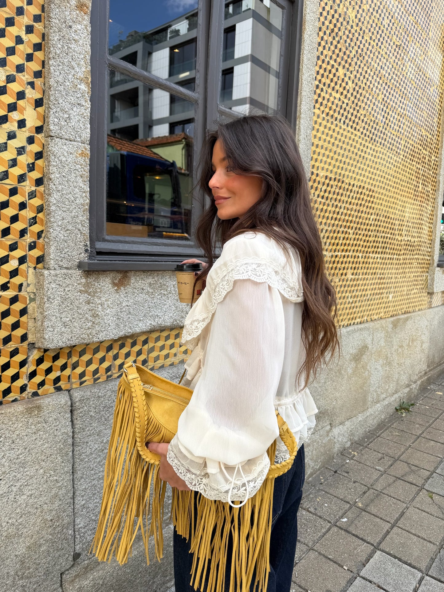 Lace Detail Ruffle Blouse in Cream