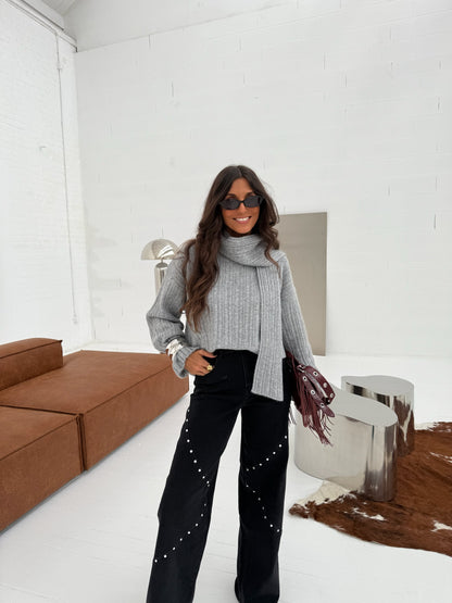 Stockholm Knit Sweater with Scarf in Grey