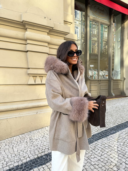 Wool Jacket With Faux Fur in Taupe