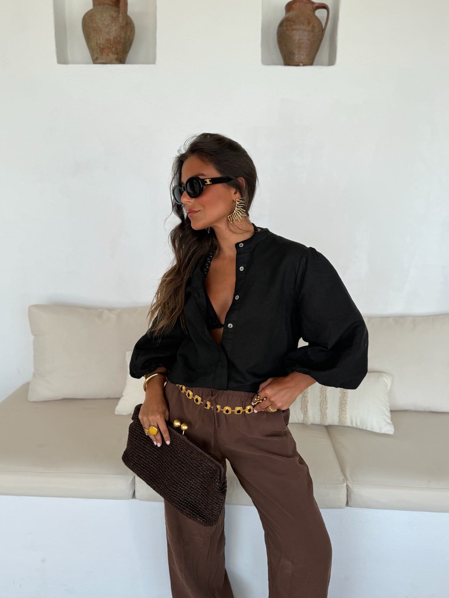 Balloon Sleeve Linen Blouse in Black