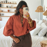 Balloon Sleeve Linen Blouse in Terracota