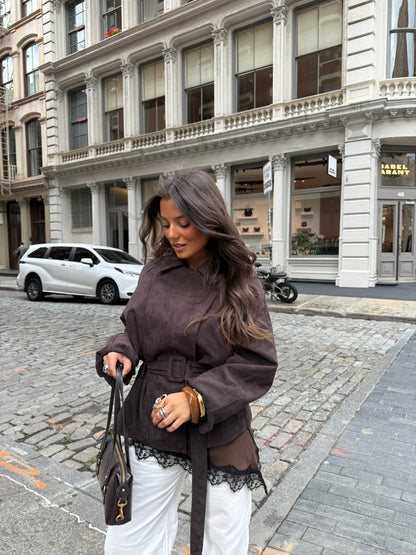 SoHo Suede Belted Jacket in Brown