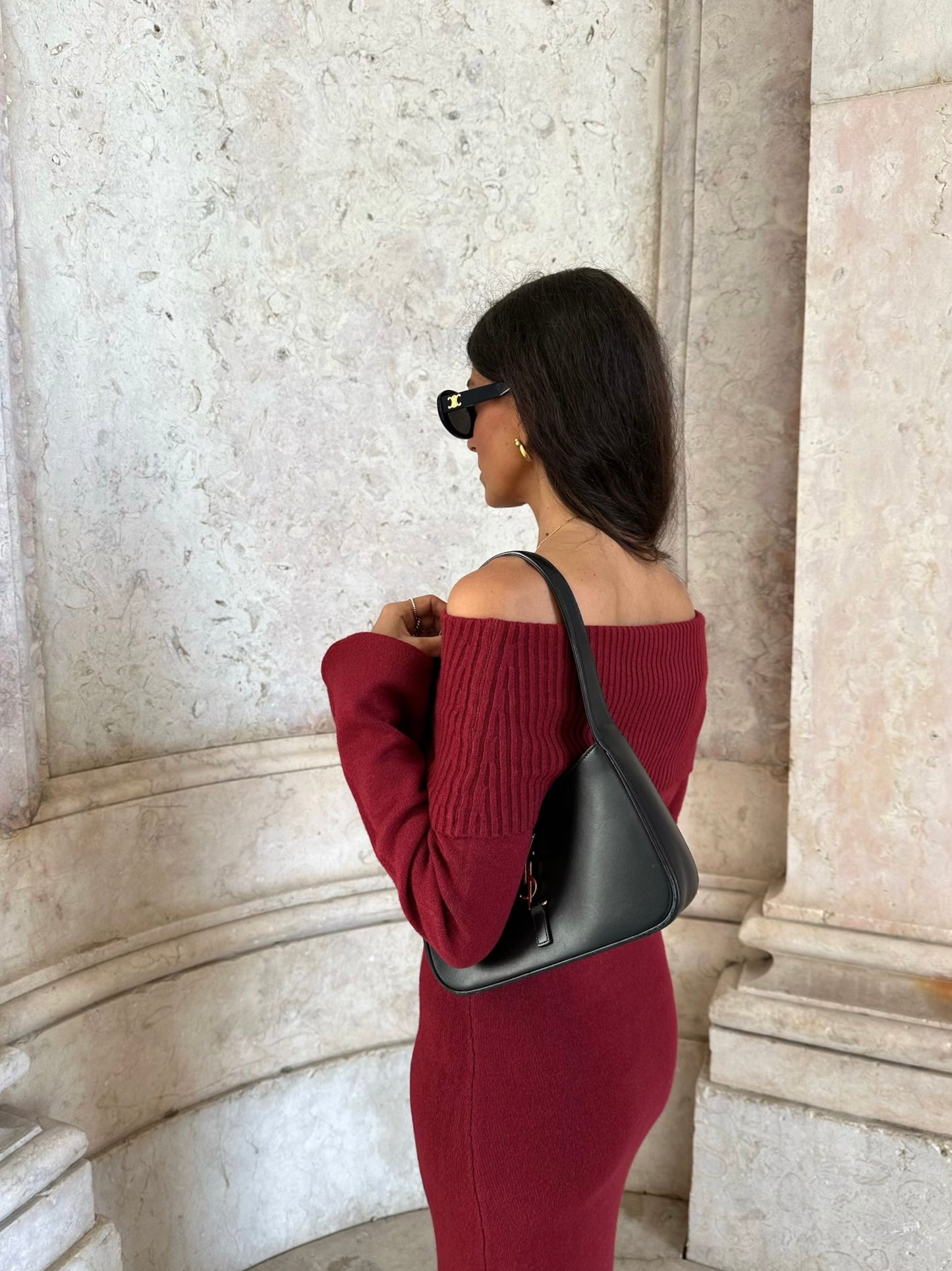 Off Shoulder Knit Dress in Burgundy