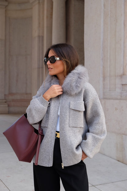 Cashmere Wool Jacket with Fur in Grey