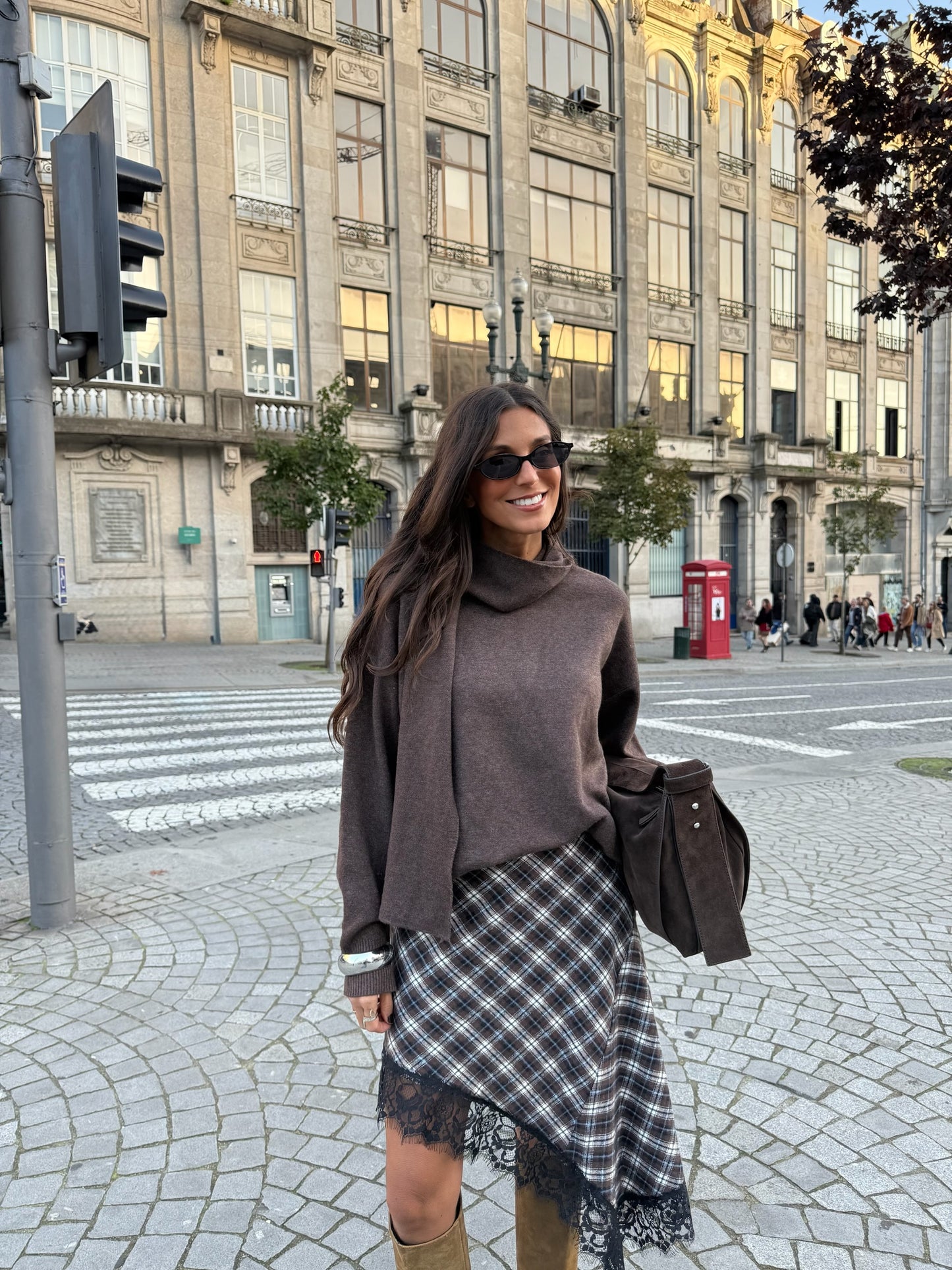 Asymmetrical Plaid Skirt with Lace