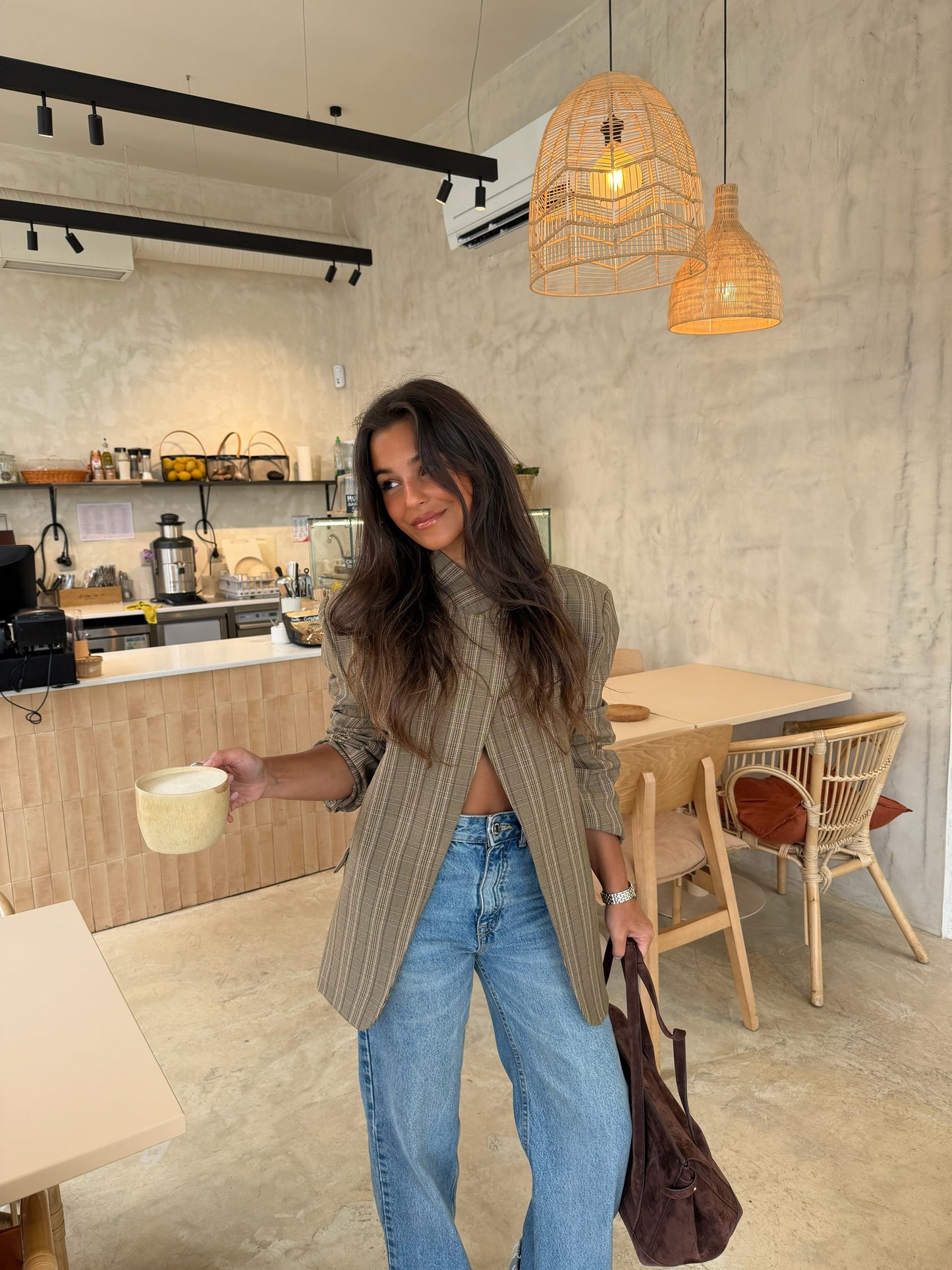 Asymmetrical Blazer in Taupe Plaid