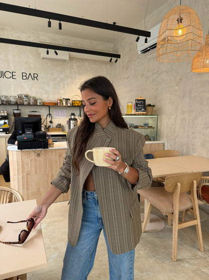 Asymmetrical Blazer in Taupe Plaid