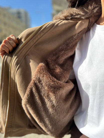 Oversized Taupe Suede Jacket with Faux Fur Collar