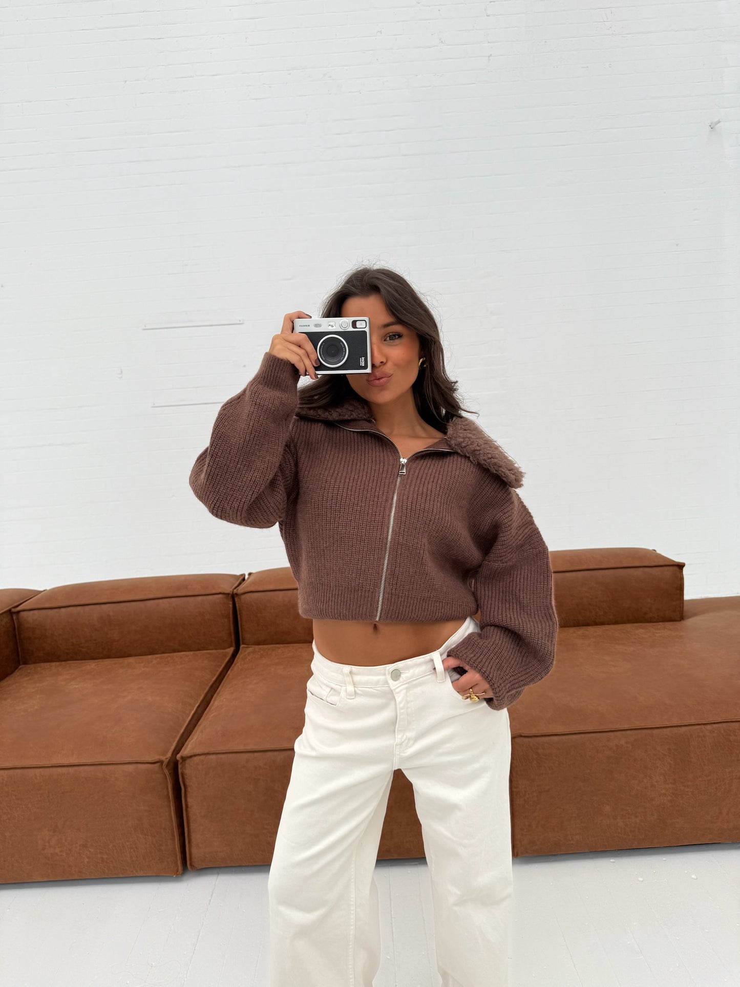 Knit Cardigan with Curly Fur Collar in Brown