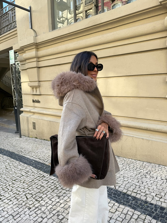 Wool Jacket With Faux Fur in Taupe