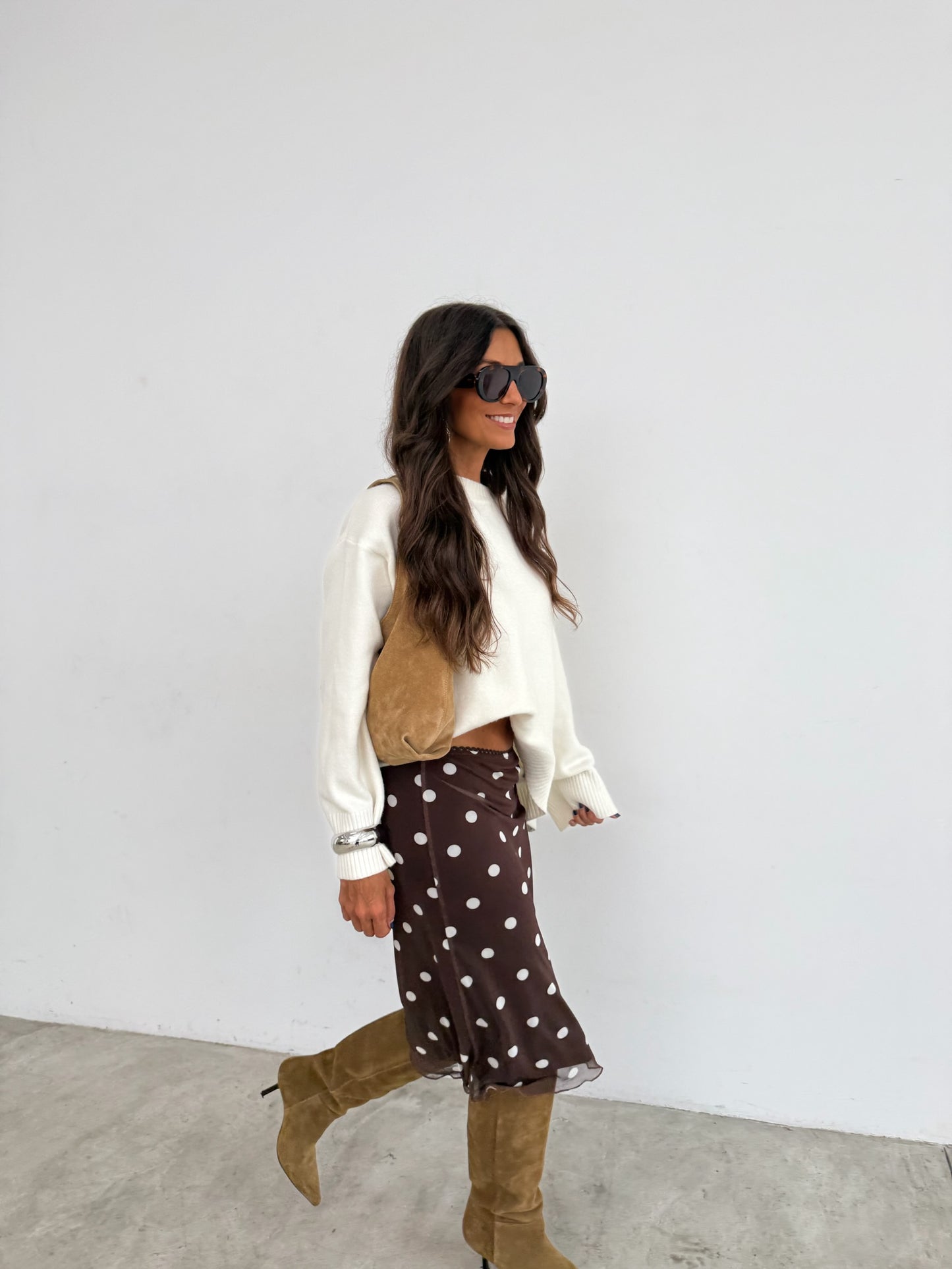 Brown Midi Skirt in Mesh With Polka Dot