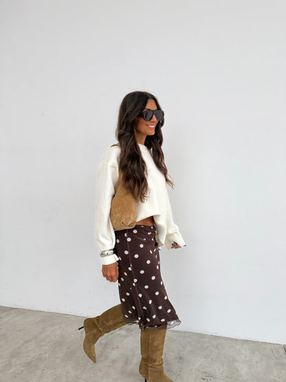 Brown Midi Skirt in Mesh With Polka Dot