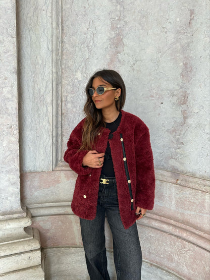 Curly Fur Jacket in Burgundy