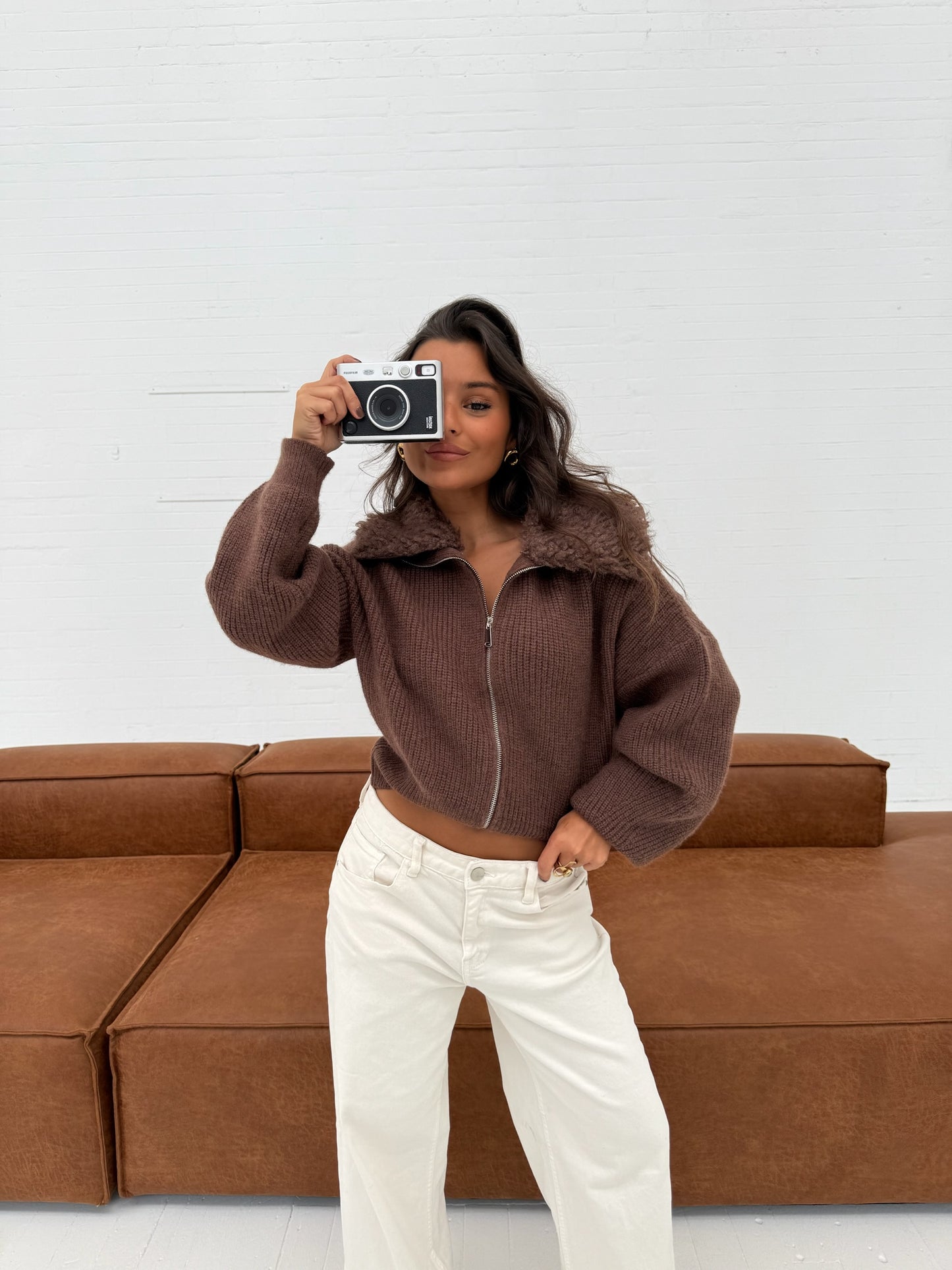 Knit Cardigan with Curly Fur Collar in Brown