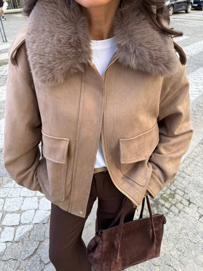 Oversized Taupe Suede Jacket with Faux Fur Collar