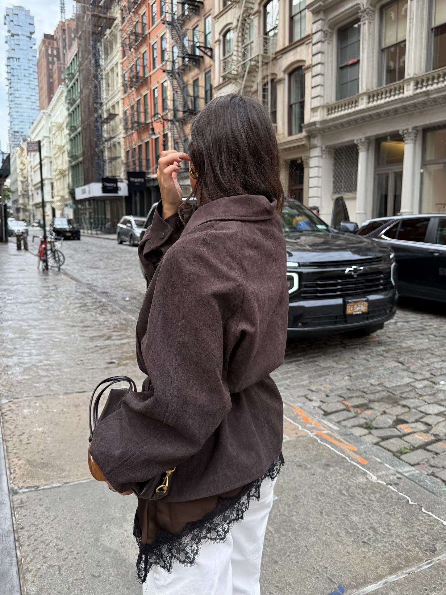 SoHo Suede Belted Jacket in Brown