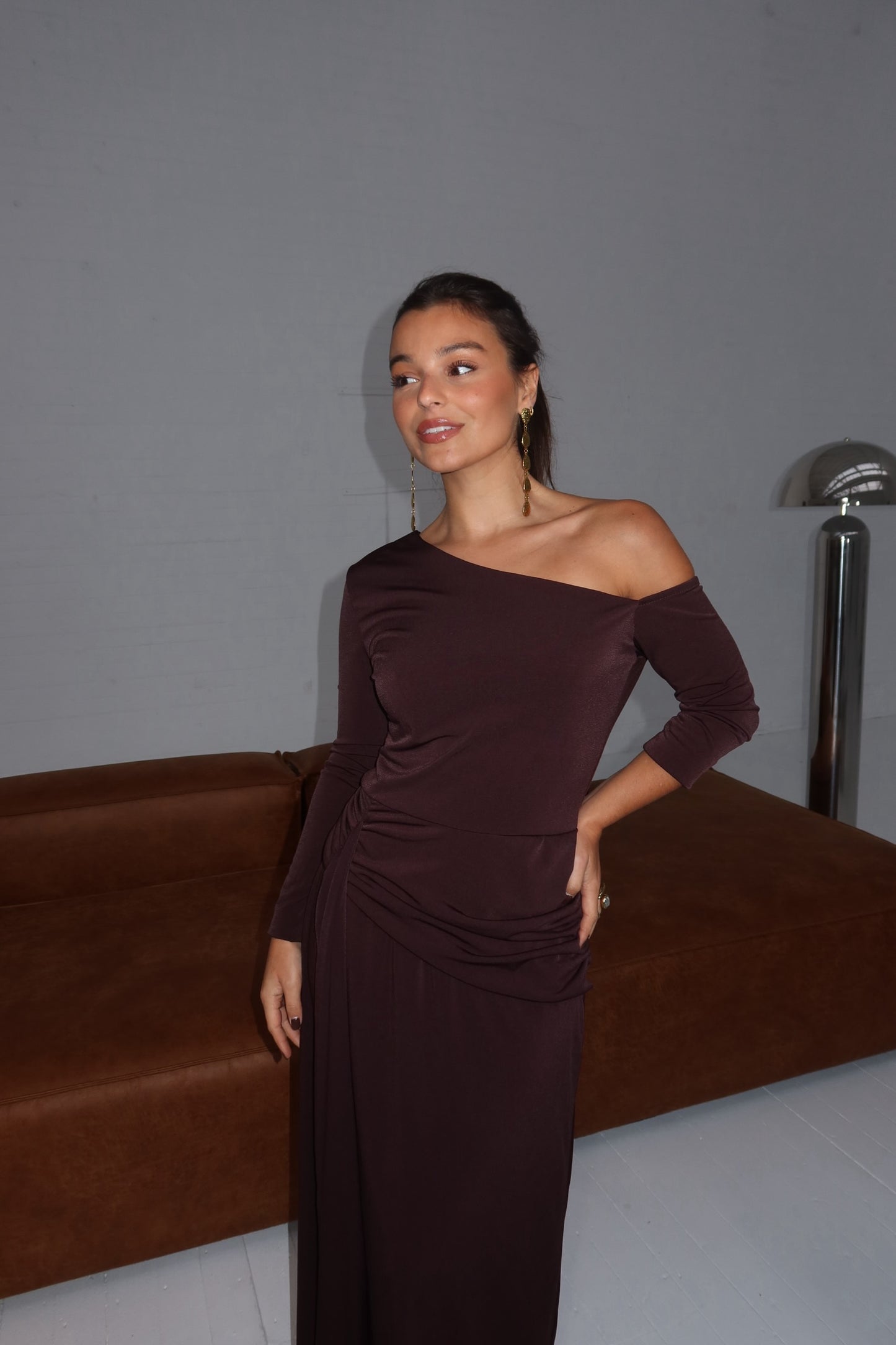 Maya Long Midi Dress in Chocolate Brown