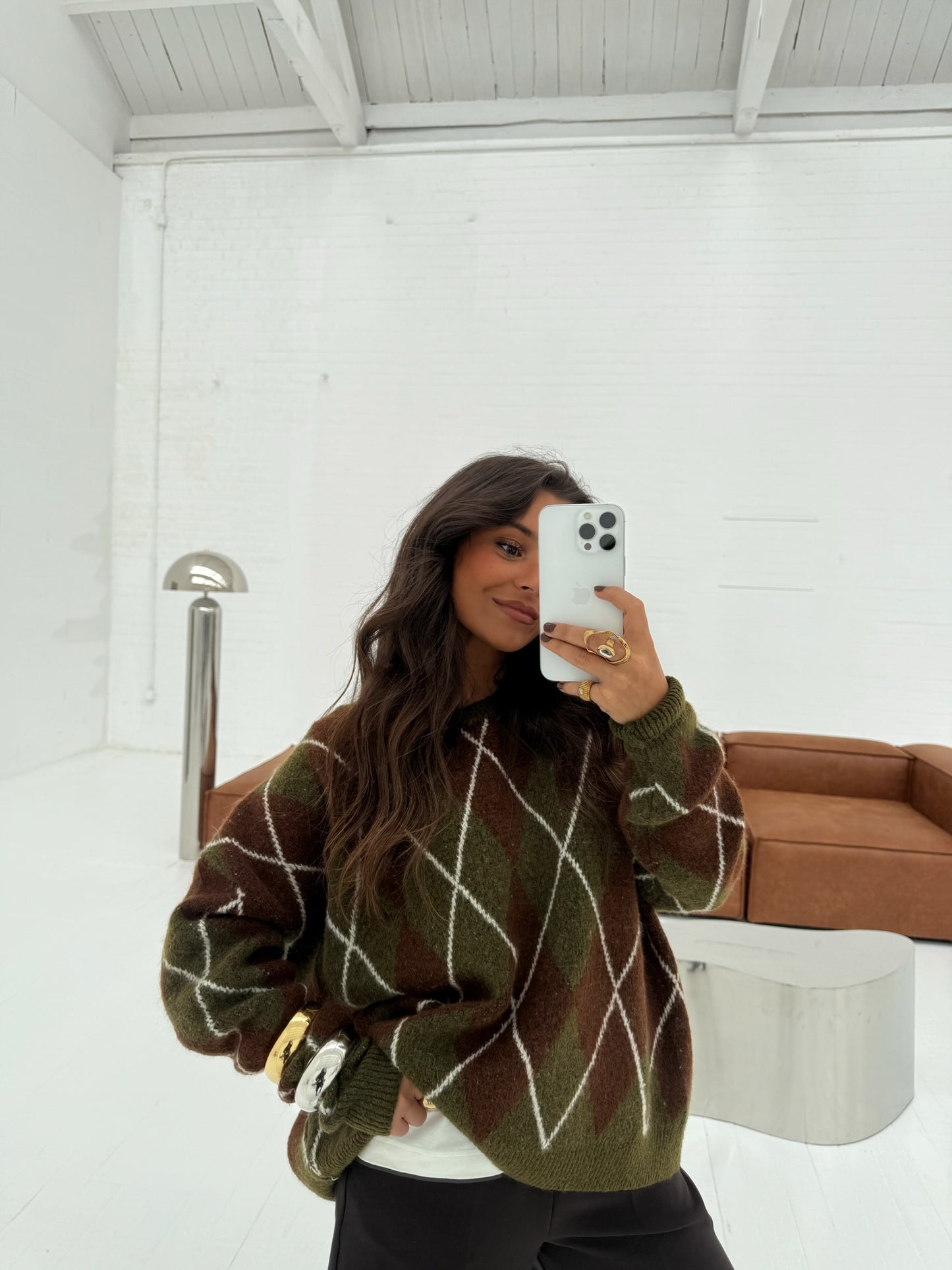 Green Diamond-Pattern Knit Sweater - Shipping from 8/12 to 12/12