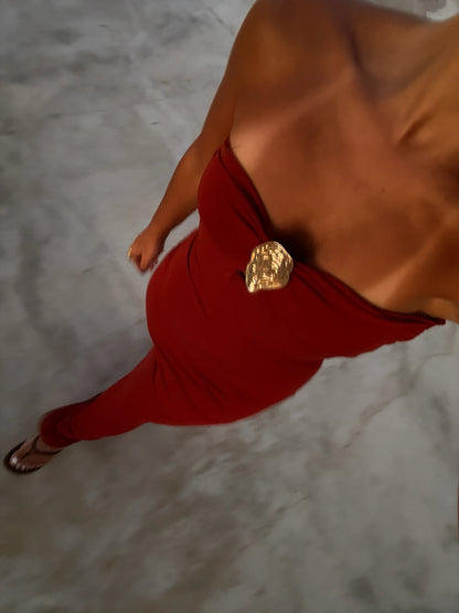Strapless Terracota Dress With Gold Detail