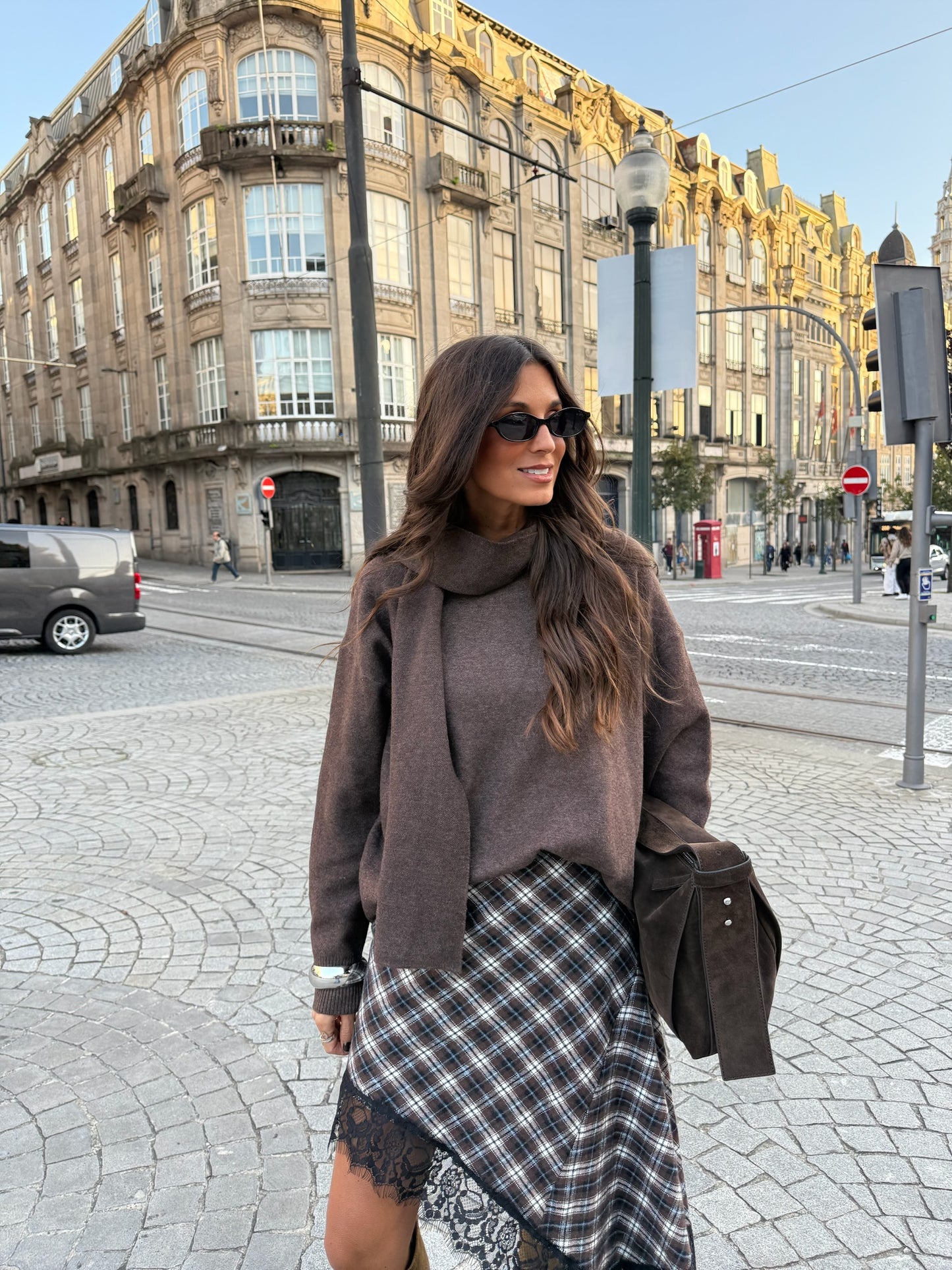 Asymmetrical Plaid Skirt with Lace