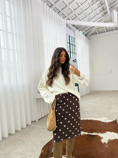 Brown Midi Skirt in Mesh With Polka Dot