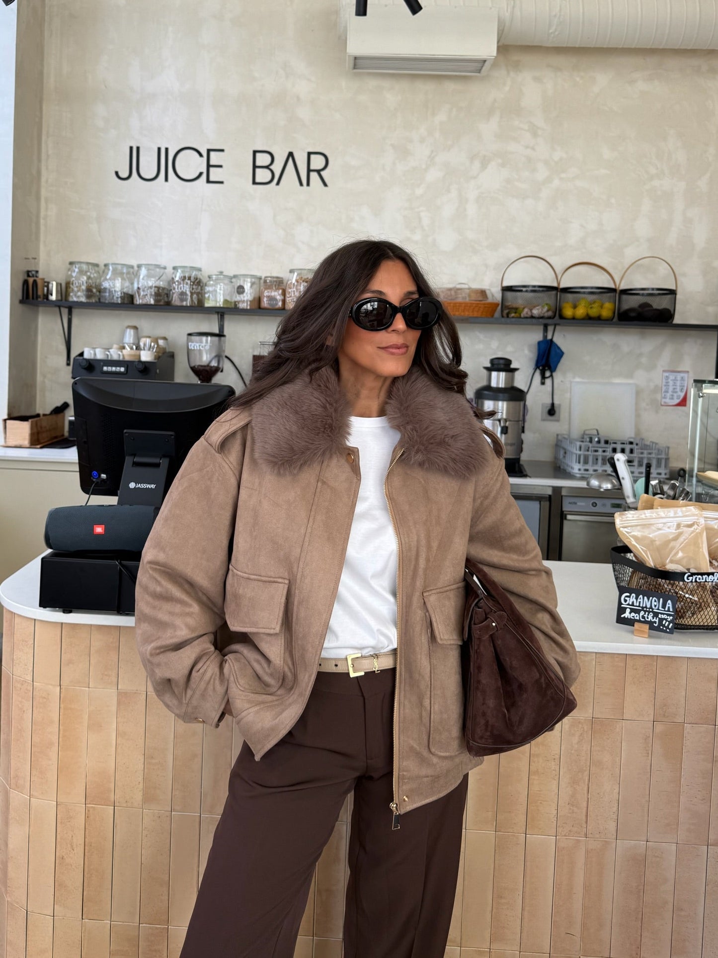 Oversized Taupe Suede Jacket with Faux Fur Collar