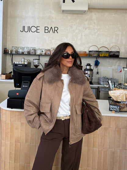 Oversized Taupe Suede Jacket with Faux Fur Collar