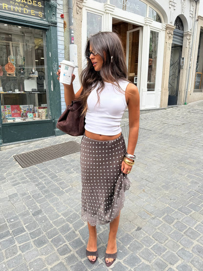 Polka Dot Satin Skirt with Lace Deatil in Brown - Shipping 01/10