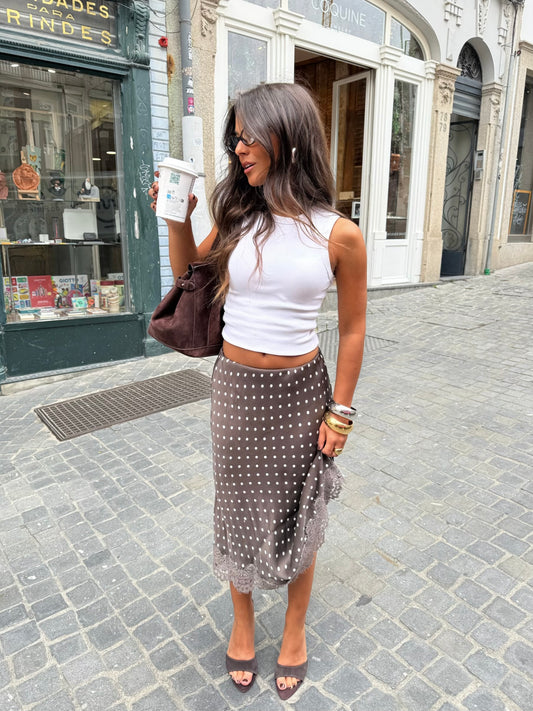 Polka Dot Satin Skirt with Lace Deatil in Brown - Shipping 01/10