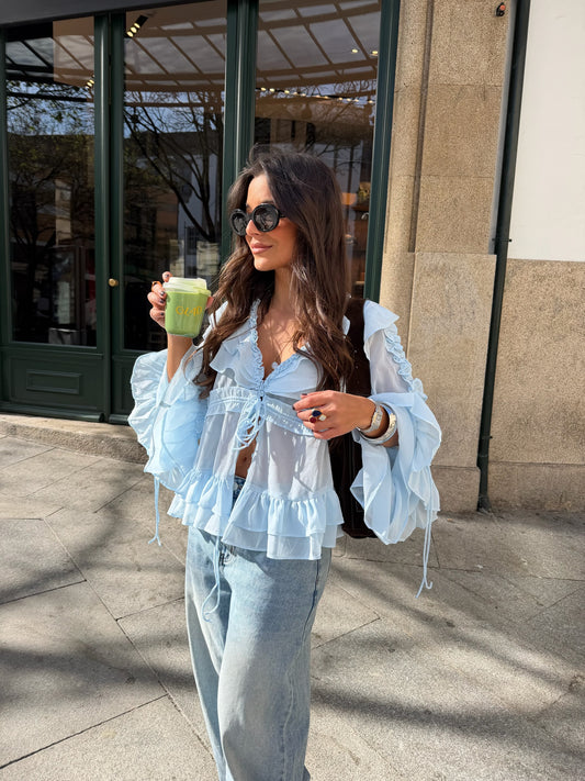 Sheer Ruffle Blouse in Baby Blue
