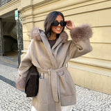 Wool Jacket With Faux Fur in Taupe