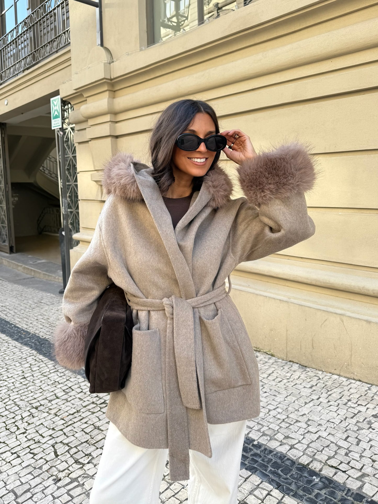 Wool Jacket With Faux Fur in Taupe