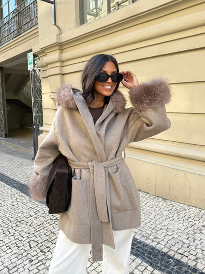 Wool Jacket With Faux Fur in Taupe