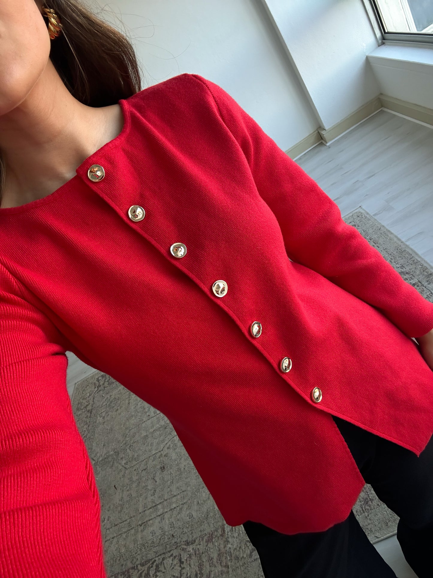 Red Cardigan with Buttons