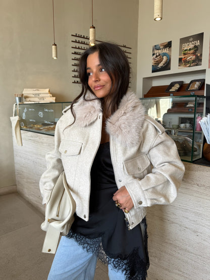 Beige Cropped Fur Collar