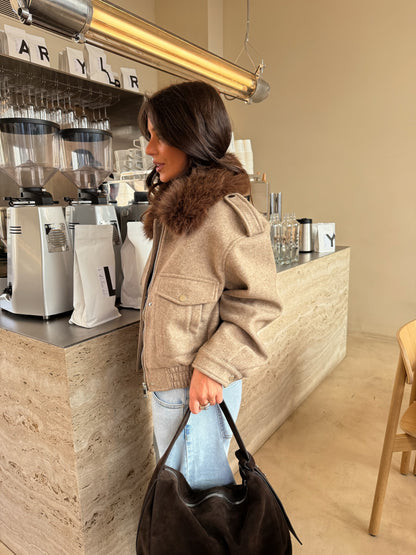 Almond Cropped Fur Collar Jacket