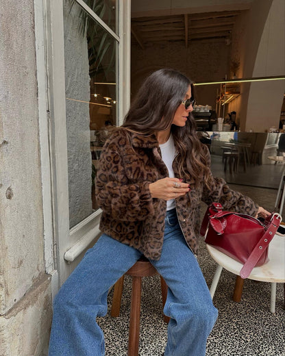 Brown Animal Print Fur Jacket