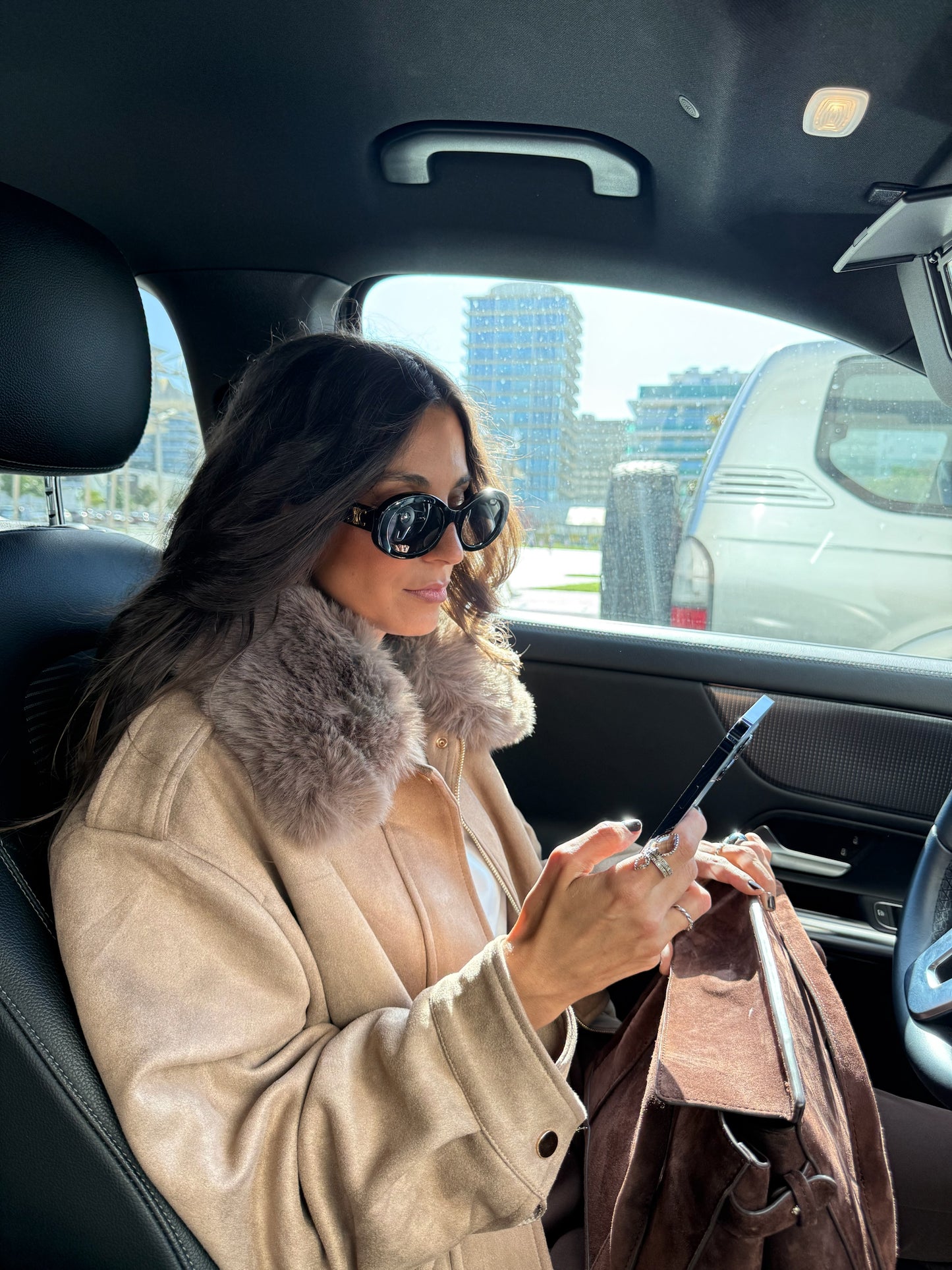 Oversized Taupe Suede Jacket with Faux Fur Collar