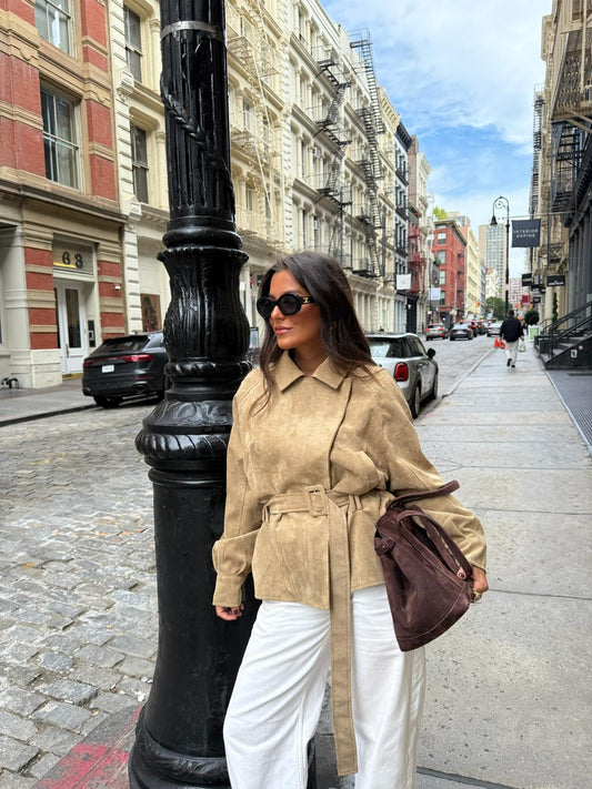 SoHo Suede Belted Jacket in Beige