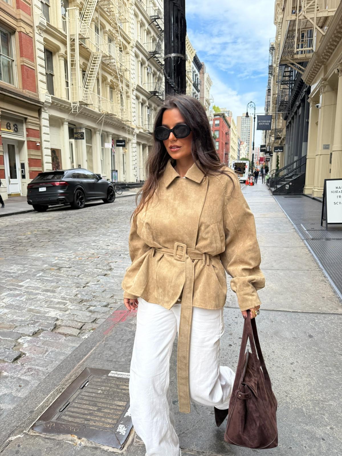 SoHo Suede Belted Jacket in Beige