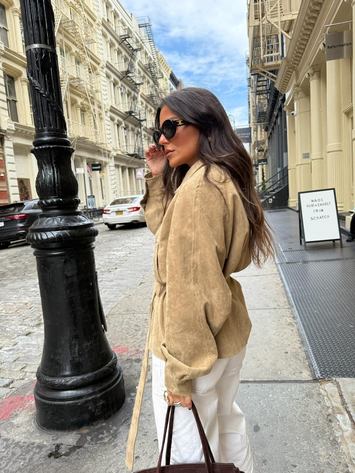 SoHo Suede Belted Jacket in Beige