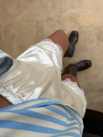 Satin Lace Trim Shorts in Cream